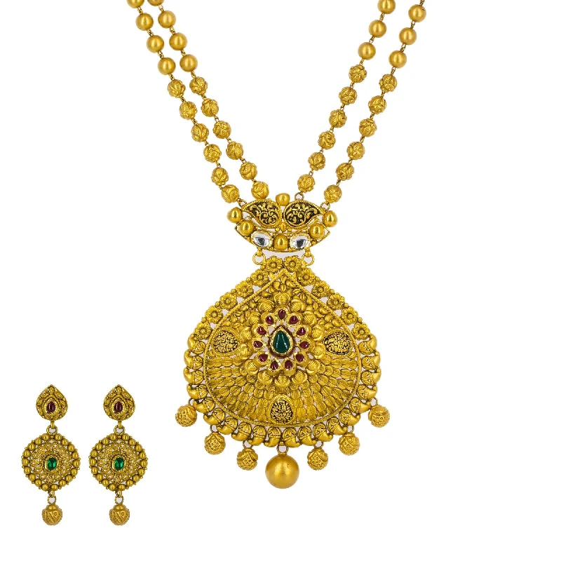 Gold Coin Necklace-22K Yellow Gold Long Necklace & Earrings Set W/ Draping Beaded Filigree Design