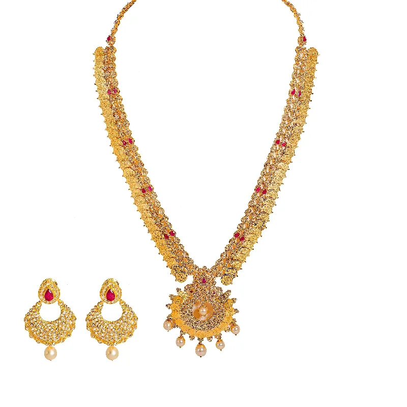 Rose Gold Necklace for Women-22K Yellow Gold Diamond Necklace & Earrings Set W/ 17.6ct Uncut Diamonds, Rubies, Pearls, Laxmi Kasu & Open Pendant