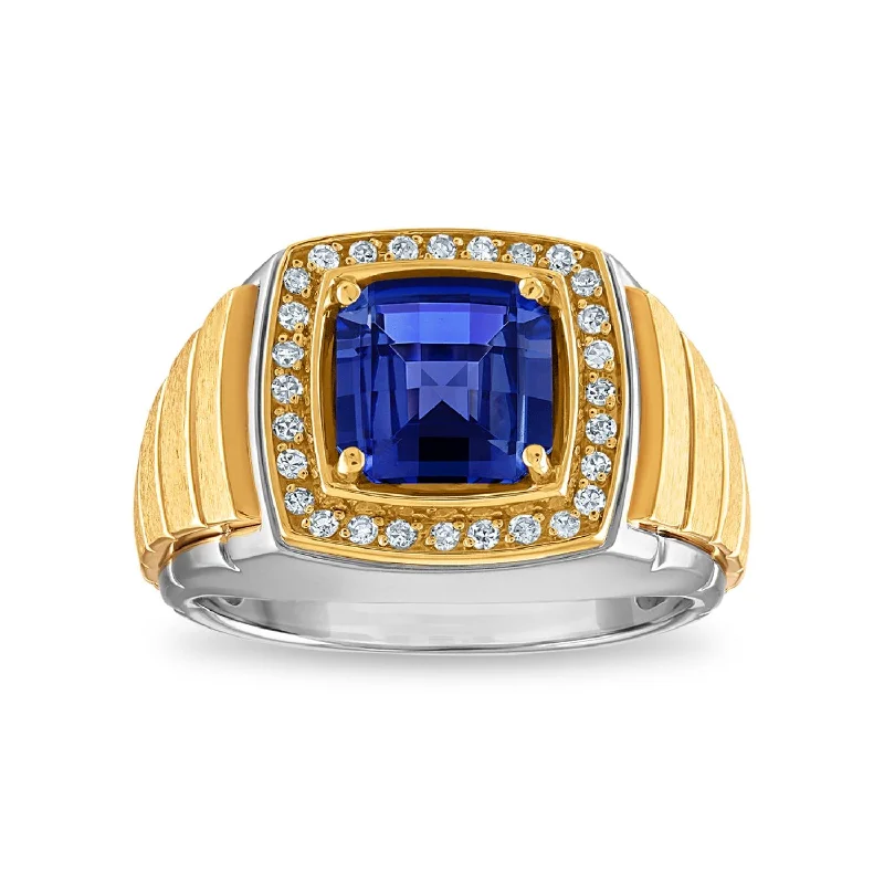 Engagement Ring with Side Stones-9MM Cushion Blue Sapphire and Diamond Halo Ring in 10KT White and Yellow Gold