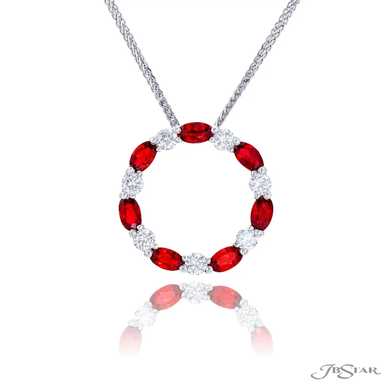 Silver Chain Necklace with Pendant-Lady's White Platinum Necklace With Round Diamonds And Oval Rubies