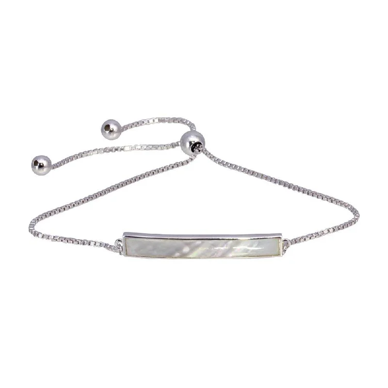 Adjustable Chain Bracelet-Rhodium Plated 925 Sterling Silver Synthetic Mother of Pearl Bar Chain Lariat Bracelet - GMB00067