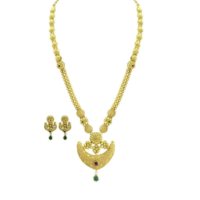 Charm Necklace for Women-22K Yellow Gold Necklace & Earrings Set W/ Kundan on Anchor Pendants & Thick Beaded Strand