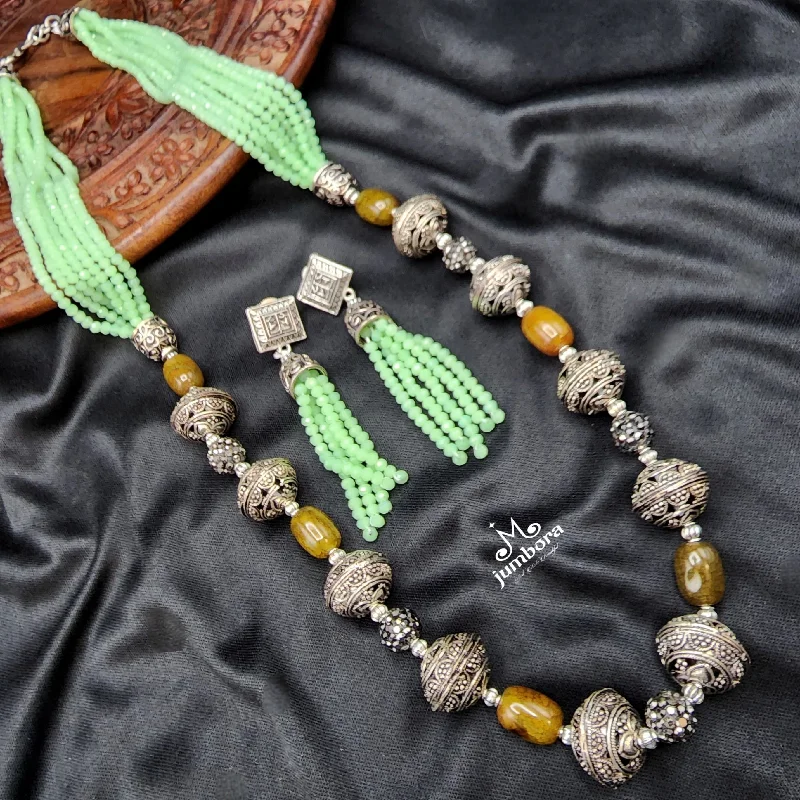 Designer Necklace for Women-Handmade Mint Green Crystal & Agate Oxidized German Silver Mala Necklace Set