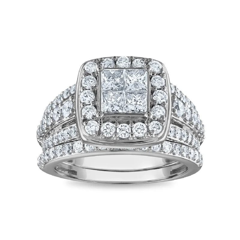 Modern Diamond Ring-1-3/4 CTW Diamond Halo Bridal Set Ring in 10KT White Gold