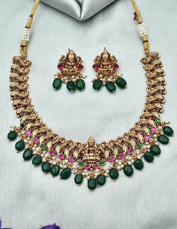 Luxury Gold Necklace-Designer Matt Lakshmi Devi Kempu Necklace Set