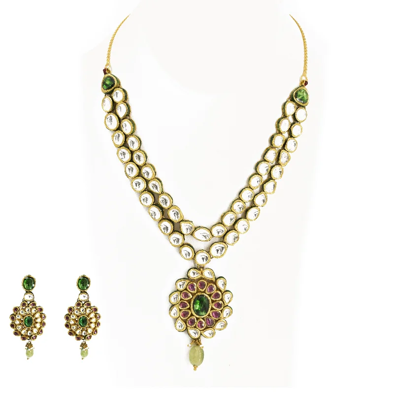 Beaded Statement Necklace-22K Gold Necklace & Earrings Set W/ Kundan