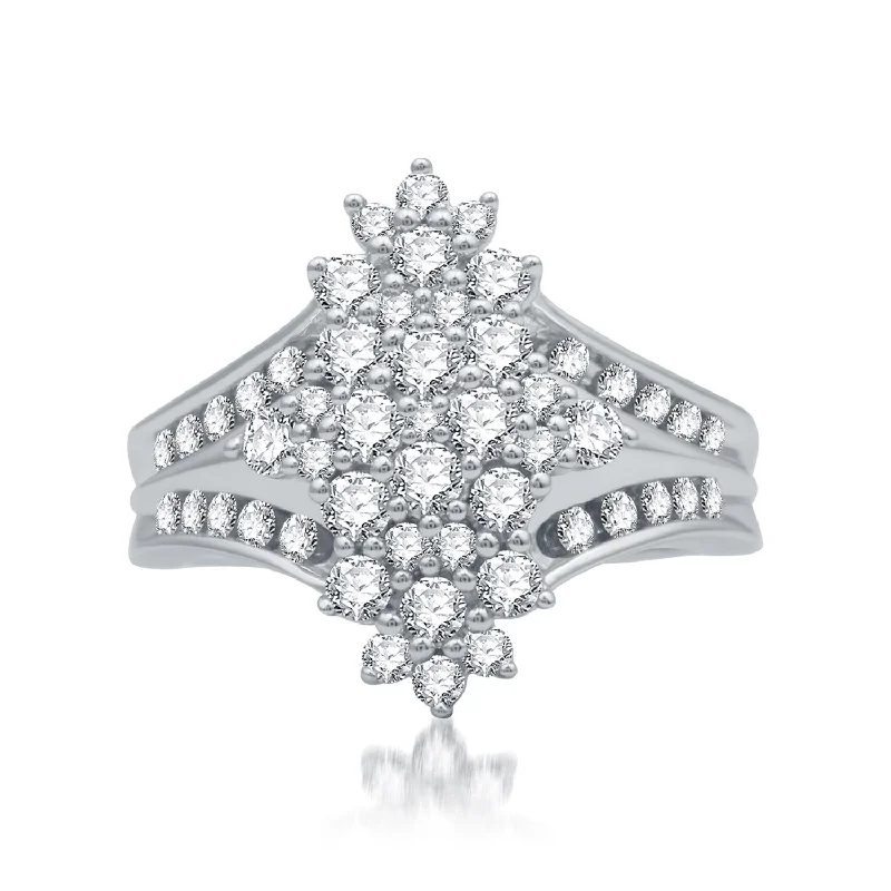 Boho Style Ring-1 CTW Diamond Cluster Fashion Ring in Rhodium Plated Sterling Silver