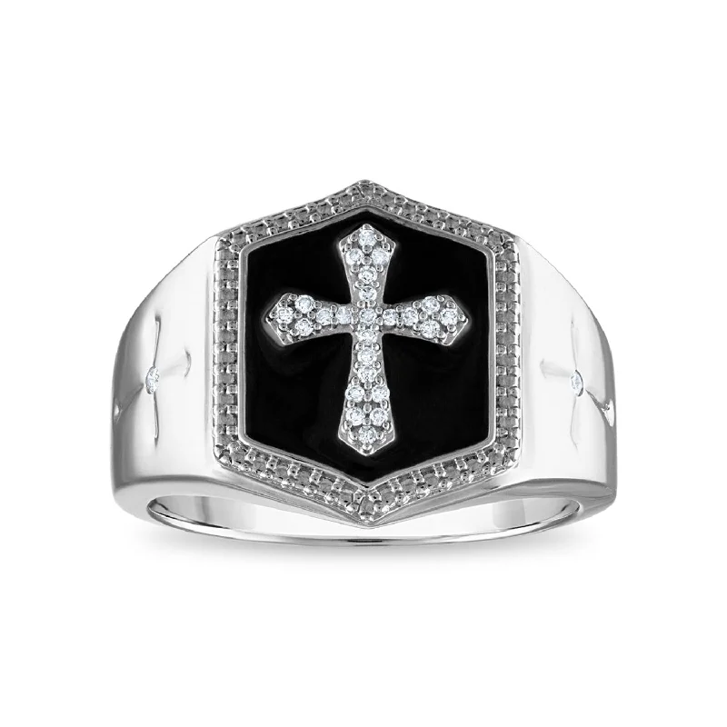 Custom Engraved Ring-1/10 CTW Diamond Cross Black Enamel Ring in Sterling Silver