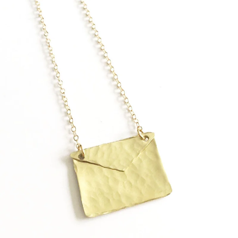 Handmade Pendant Necklace-Hammered Gold Envelope Love Letter Necklace