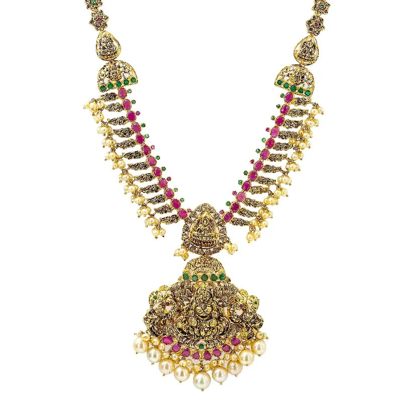 Gold Necklace for Everyday Wear-22K Yellow Antique Gold Laxmi Necklace W/ Rubies, Emeralds, Pearls & Double Laxmi Pendants