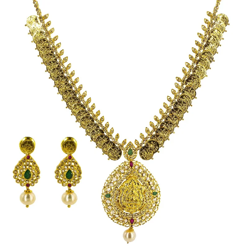 Natural Stone Necklace-22K Yellow Gold Diamond Laxmi Necklace & Earring Set W/ 7.81ct Uncut Diamonds, Emeralds, Rubies & Pearls