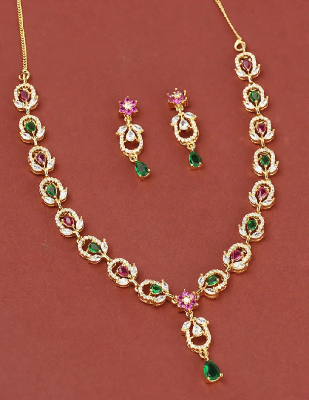 Handmade Silver Necklace-Designer Gold Plated Zirconia Necklace Set