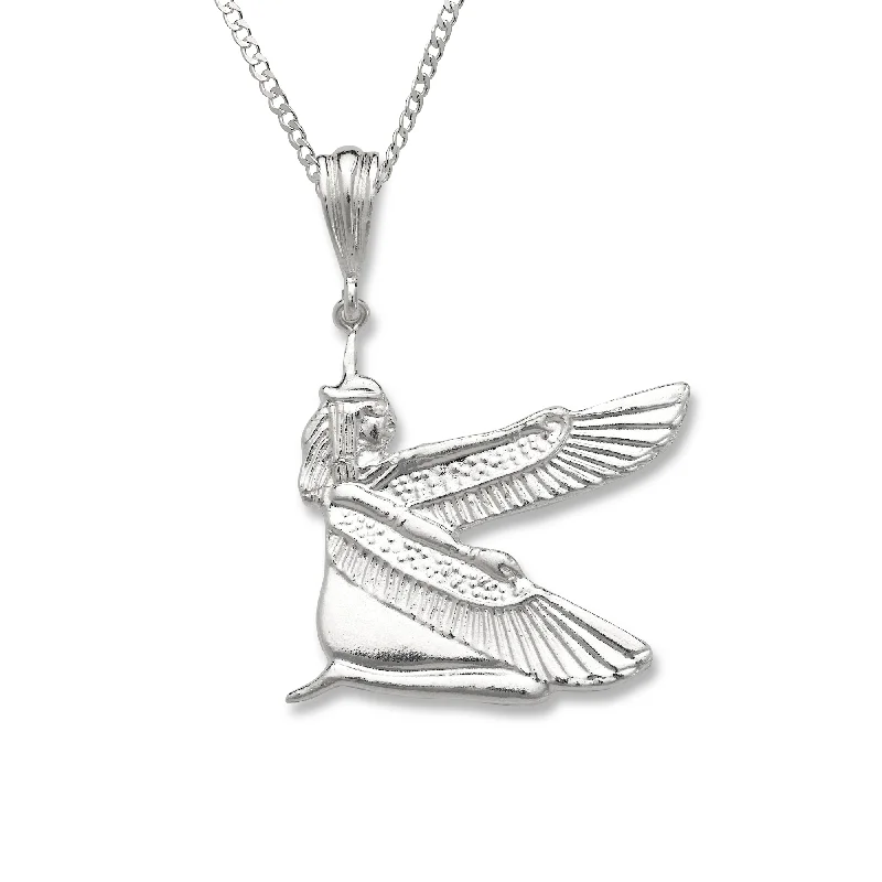 Long Chain Necklace-Egyptian Goddess Isis with Wings .925 Sterling Silver Pendant Necklace