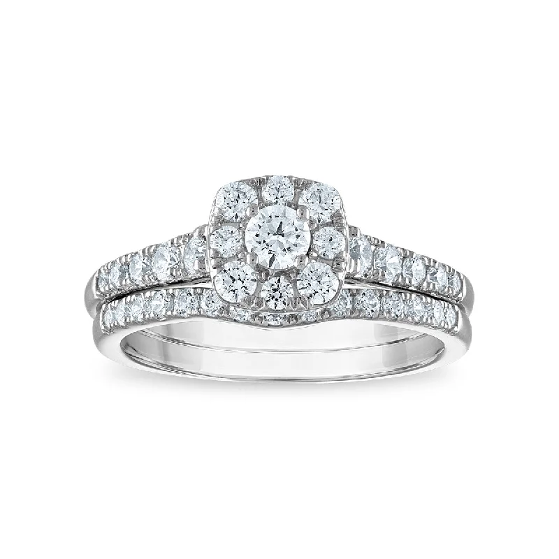 Classic Wedding Band Set-LoveSong EcoLove 9/10 CTW Lab Grown Diamond Halo Bridal Set in 10KT White Gold