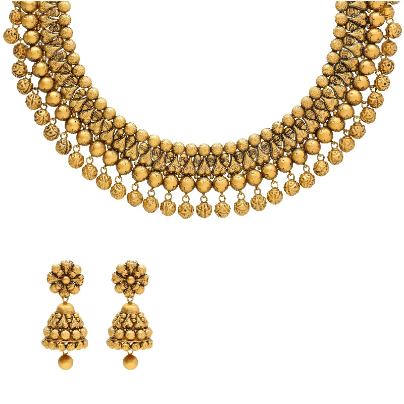 Long Necklace for Party-22K Yellow Gold Antique Necklace and Earrings Set