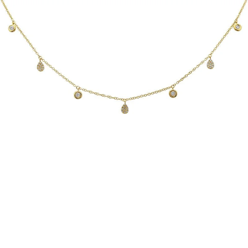 Delicate Chain Necklace-14k Yellow Gold 7 Diamond Drop Necklace - Pear