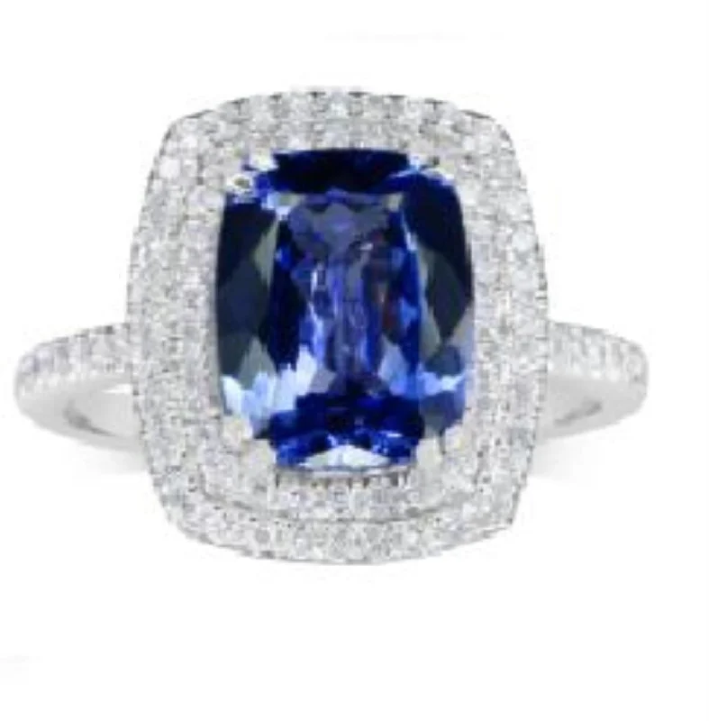 Adjustable Gold Ring-Round Tanzanite and Diamond Ring in 14KT White Gold