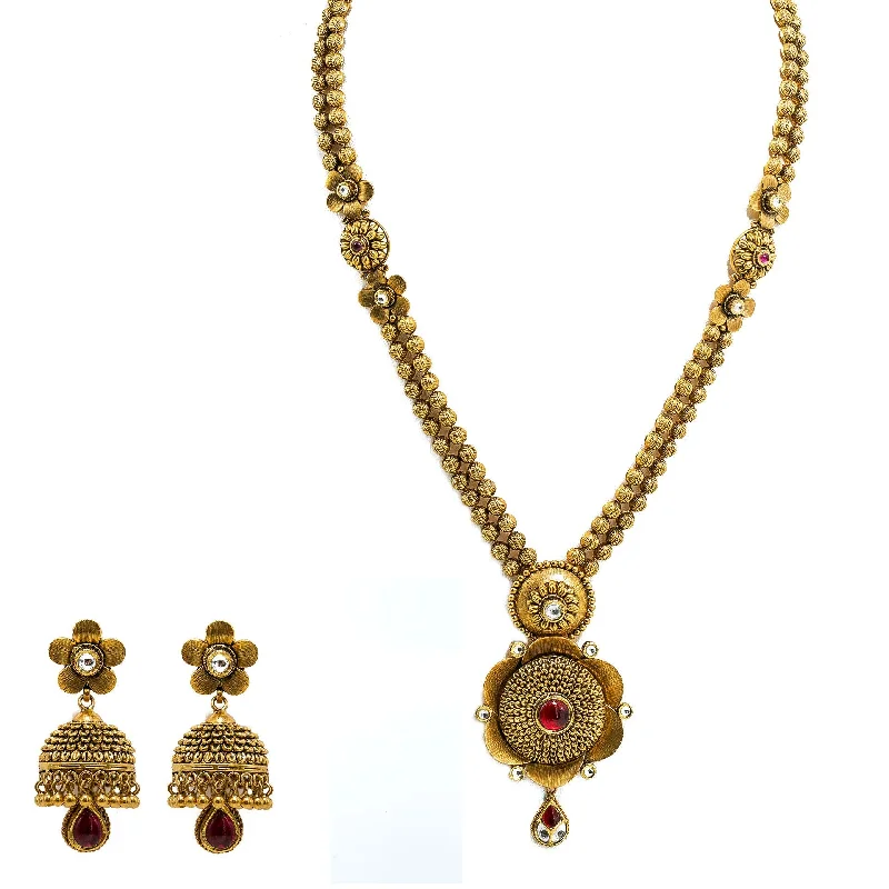 Custom Name Necklace for Gift-22K Yellow Gold Necklace & Jhumki Earrings Set W/ Rubies, Long Double Beaded Strand & Flower Pendants