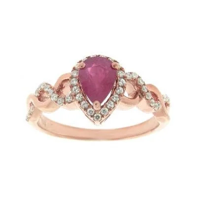 Two-Tone Engagement Ring-Color Sensations 7X5MM Pear Ruby and Diamond Gem Stone Halo Twist Ring in 10KT Rose Gold