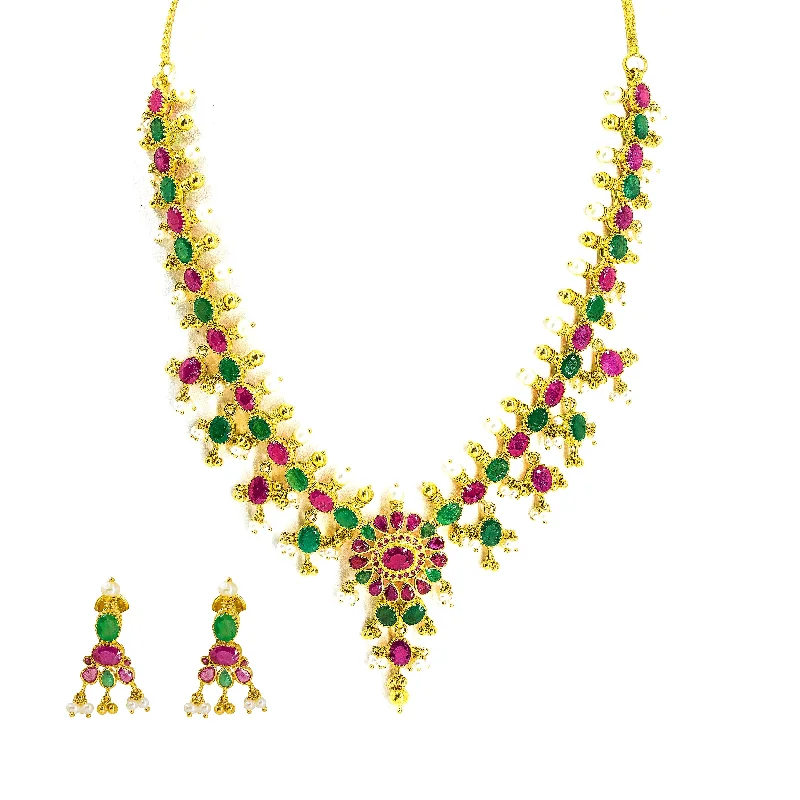 Simple Gold Pendant Necklace-22K Yellow Gold Necklace & Earrings Set W/ Ruby, Emerald, Pearls & Gold Bead Ball Accents