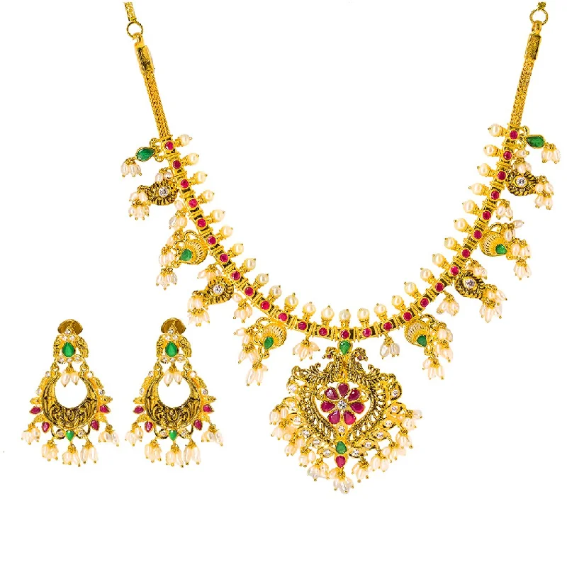 Long Chain Necklace-22K Yellow Gold Antique Guttapusalu Necklace and Earrings Set W/ Emeralds, Pearls, CZ, Rubies & Peacock Accents