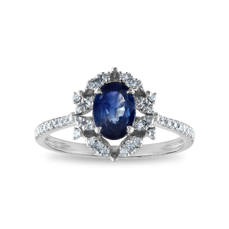 Custom Engagement Ring with Birthstone-7X5MM Oval Sapphire and Diamond Halo Ring in 10KT White Gold