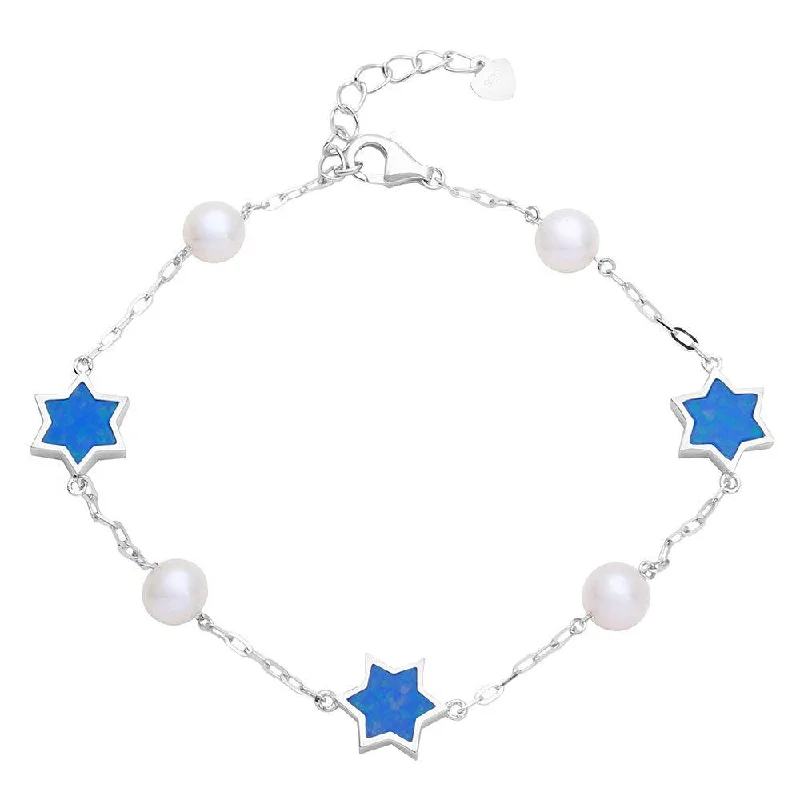 Elegant Pearl Bracelet-Rhodium Plated 925 Sterling Silver Fresh Water Mother of Pearl with Blue Enamel Star Bracelet - GMB00043RH