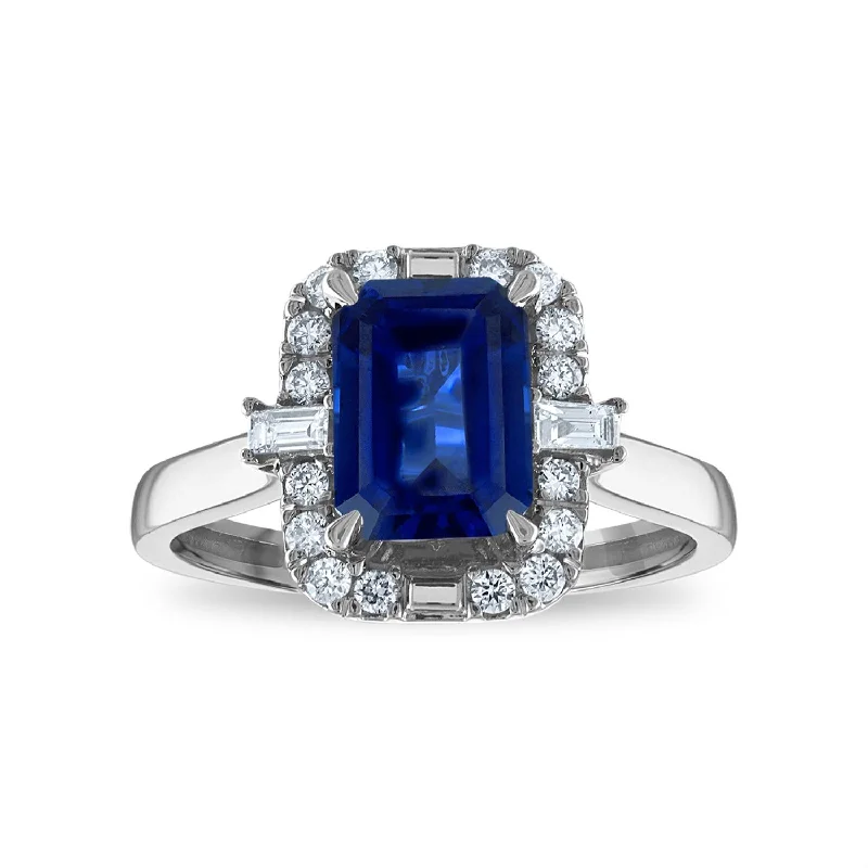 Silver Wedding Ring-Created Blue Sapphire and Lab Grown Diamond Ring in 10KT White Gold