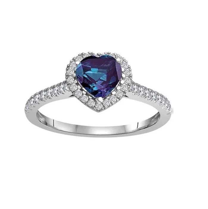 Adjustable Gold Ring-6MM Heart Shape Alexandrite and White Sapphire Birthstone Heart Ring in 10KT White Gold