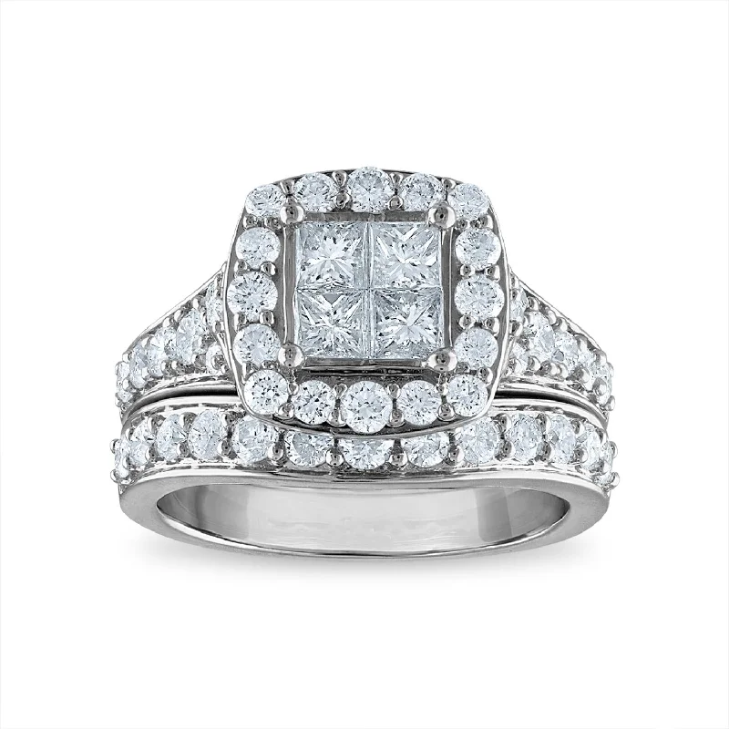 Custom Silver Engagement Ring-Signature 2 CTW Diamond Halo Bridal Set Ring in 14KT White Gold