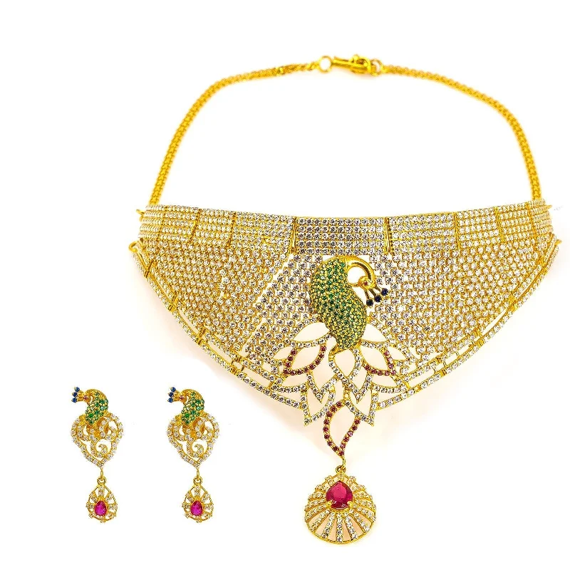 Gold Choker Necklace-22K Yellow Gold Necklace and Earrings Set W/ Multi Color CZ Encrusted Cascade Bib Frame