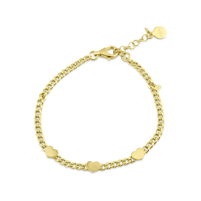 Classic Beaded Bangle-Gold Plated 925 Sterling Silver 3 Hearts Charm Adjustable Curb Chain Bracelet - ITB00326-GP