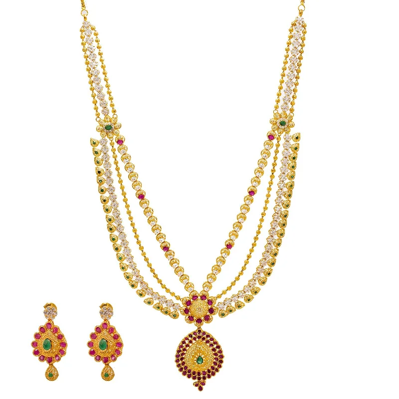 Custom Birthstone Necklace for Mom-22K Yellow Gold Necklace & Earrings Set W/ Emeralds, Rubies, CZ Gems & Pear Pendants