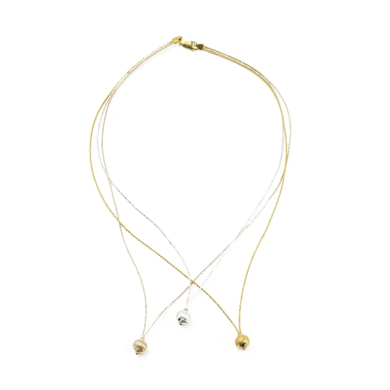 Delicate Chain Necklace-22K Multi Tone Gold Chain W/ Three Layered Strands & Ball Pendants