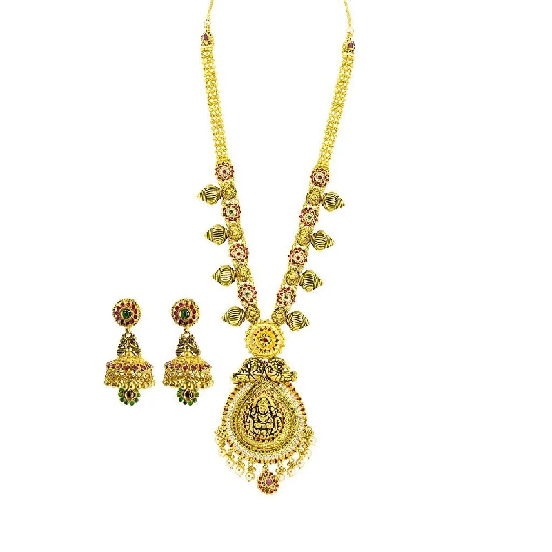 Simple Gold Necklace-22K Yellow Gold Necklace & Jhumki Earrings Set W/ Pearls, Ruby, Emerald, CZ, Laxmi Pendants & Teardrop Accents