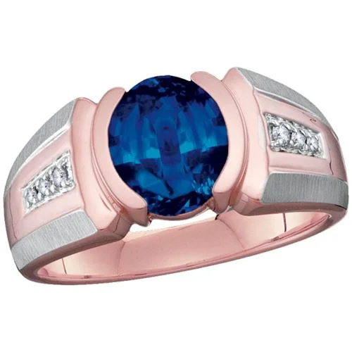 Green Diamond Engagement Ring-Oval Blue Sapphire and Diamond Gem Stone Ring in 10KT White and Rose Gold