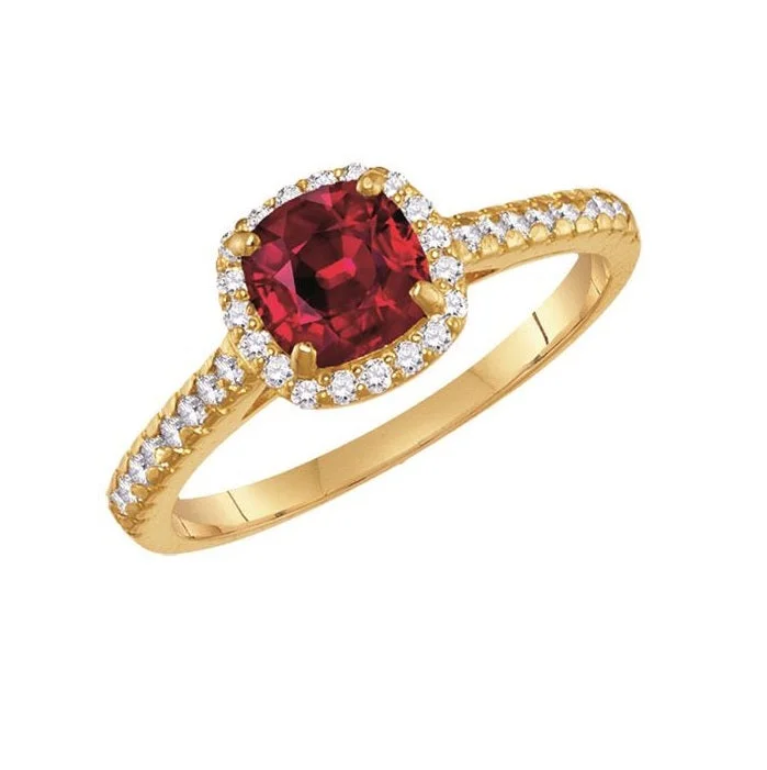 Elegant Sapphire Ring-6MM Cushion Ruby and White Sapphire Birthstone Ring in 10KT Yellow Gold