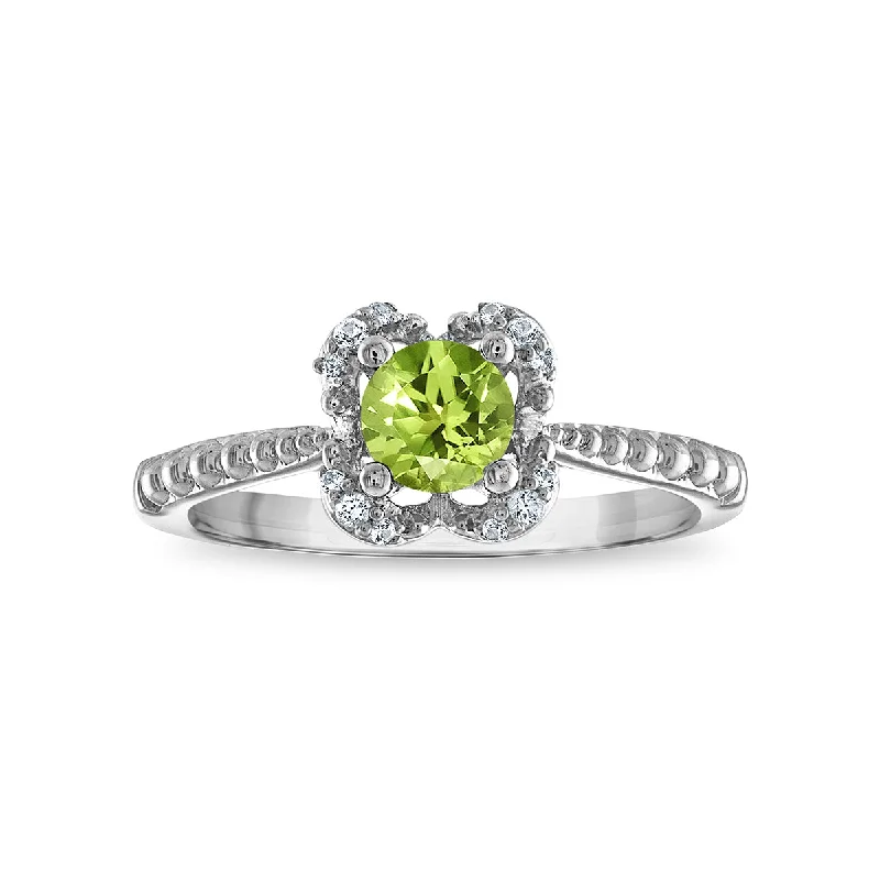 Personalized Men’s Ring-5MM Round Peridot and White Sapphire Birthstone Flower Halo Ring in Sterling Silver