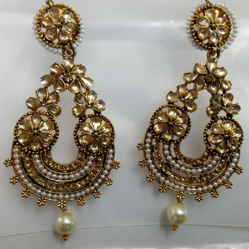 Abstract Shape Earrings-Khushboo Jewellers Gold Plated Crystal Stone And Pearl Dangler Earrings