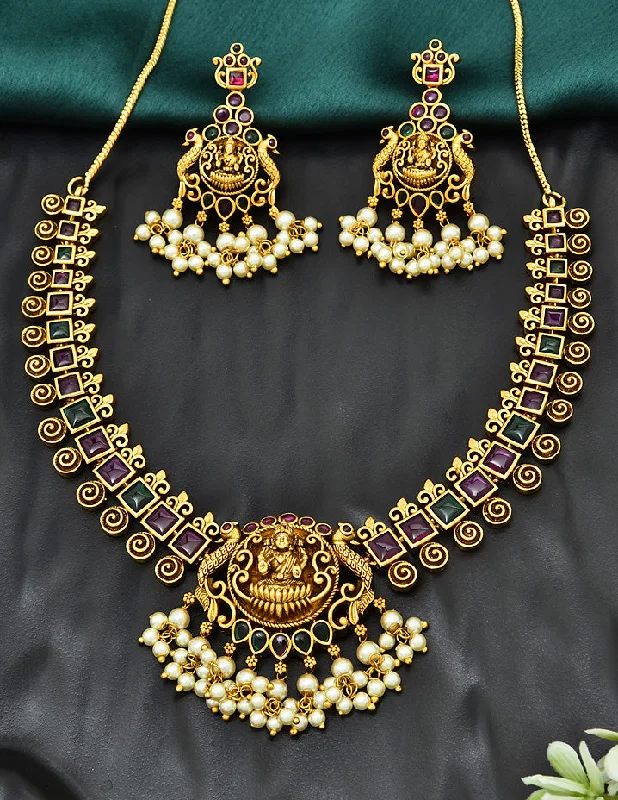 Custom Heart Necklace-AntiqueLakshmi Devi Kempu Necklace Set