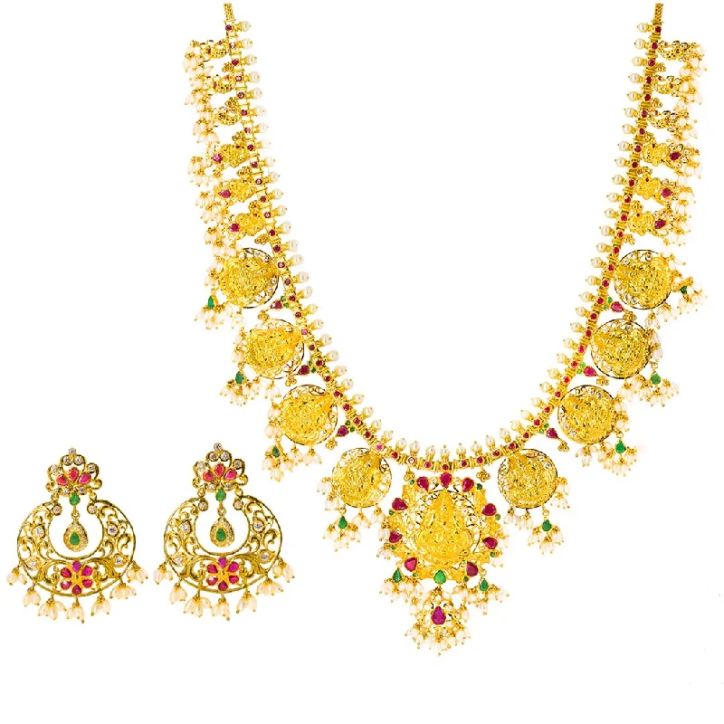 Large Pendant Necklace-22K Yellow Gold Temple Guttapusalu Necklace Set W/ Emeralds, Rubies, CZ Gems, Pearls & Laxmi Kasu