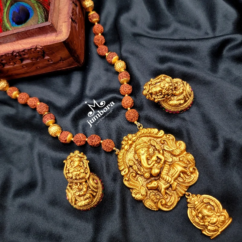 Casual Bead Necklace-Ganesha Rudraksha Handmade Mala Necklace in Temple Jewelry