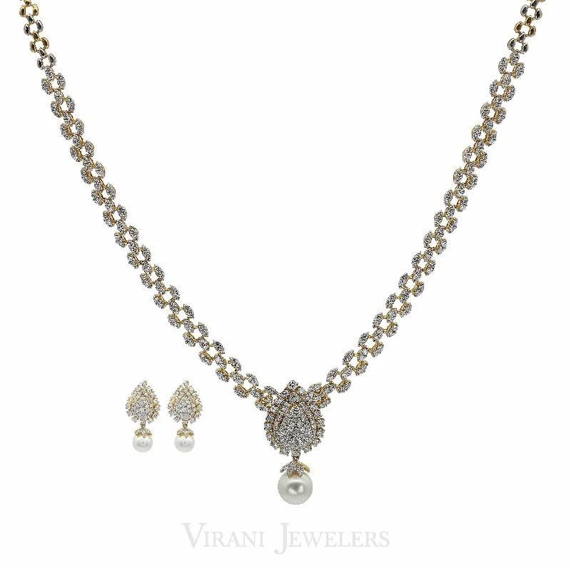 Blue Sapphire Necklace-4.95CT Diamond Necklace & Earrings Set in 18K Gold W/ Pear Frame Pendant & Single Drop Pearl