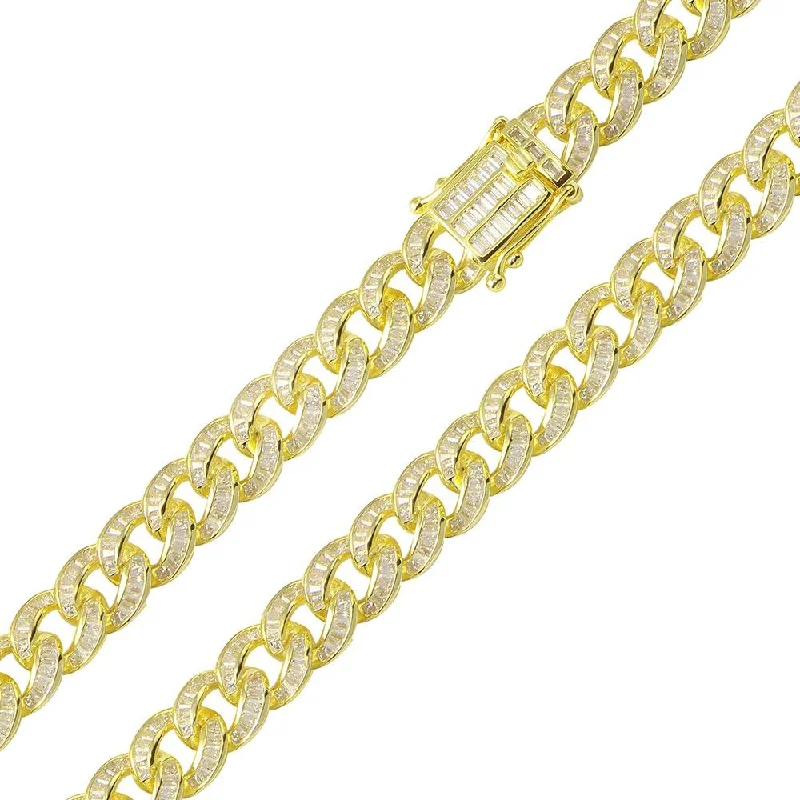 Crystal Bangle Bracelet for Women-Gold Plated 925 Sterling Silver Baguette CZ Encrusted Curb Chain or Bracelet 10.9mm - CHCZ116 GP