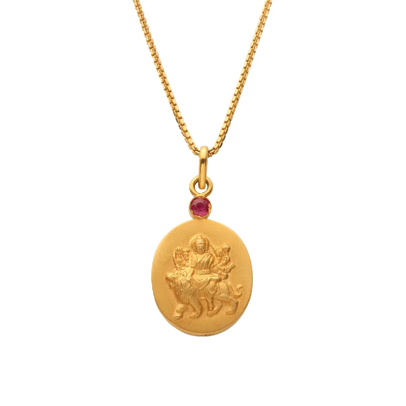 Colorful Crystal Necklace-18kt gold Durga Istha Devata Pendant Necklace with Ruby Mount