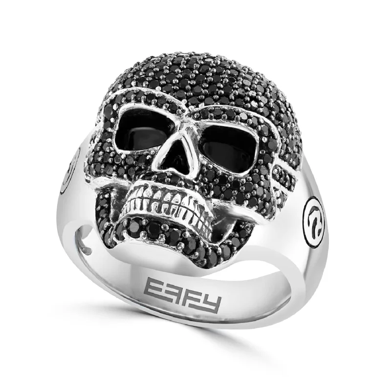 Custom Titanium Ring-EFFY Round Black Spinel Fashion Skull Ring in Rhodium Plated Sterling Silver