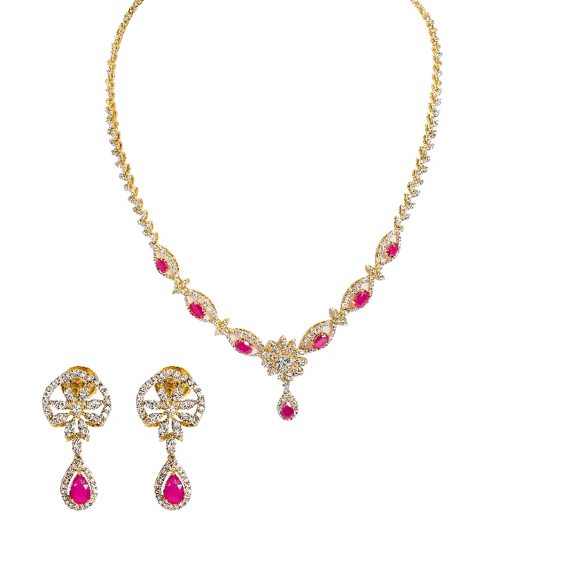 Classic Gold Necklace for Women-18K  Multi Tone Gold Diamond Necklace & Earrings Set W/ VVS Diamonds, Rubies & Eyelet Chain