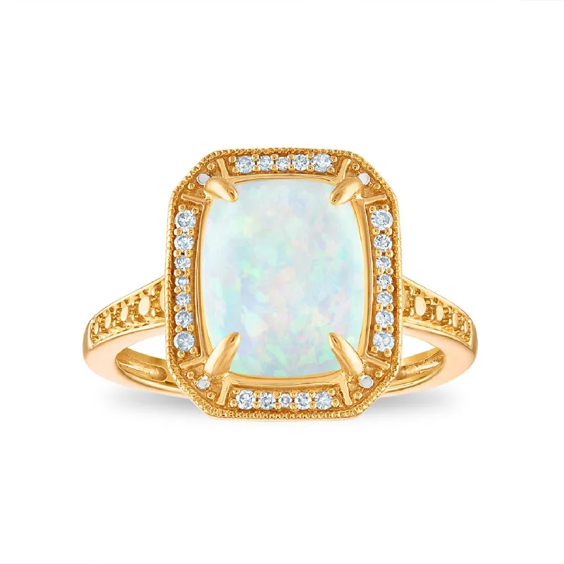 Men’s Wedding Band with Diamonds-LoveSong 10X8MM Cushion Opal and Diamond Halo Ring in 10KT Yellow Gold