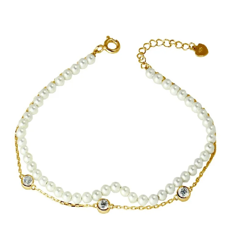 Silver Diamond Bracelet-Gold Plated 925 Sterling Silver Double Strand Synthetic Pearl with CZ - GMB00054GP