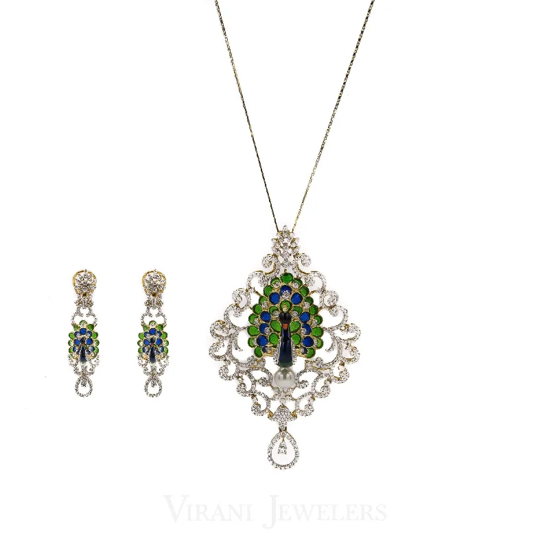 Long Necklace for Party-5.83 CT VVS Diamond Peacock Pendant and Earrings Set in 18K Gold